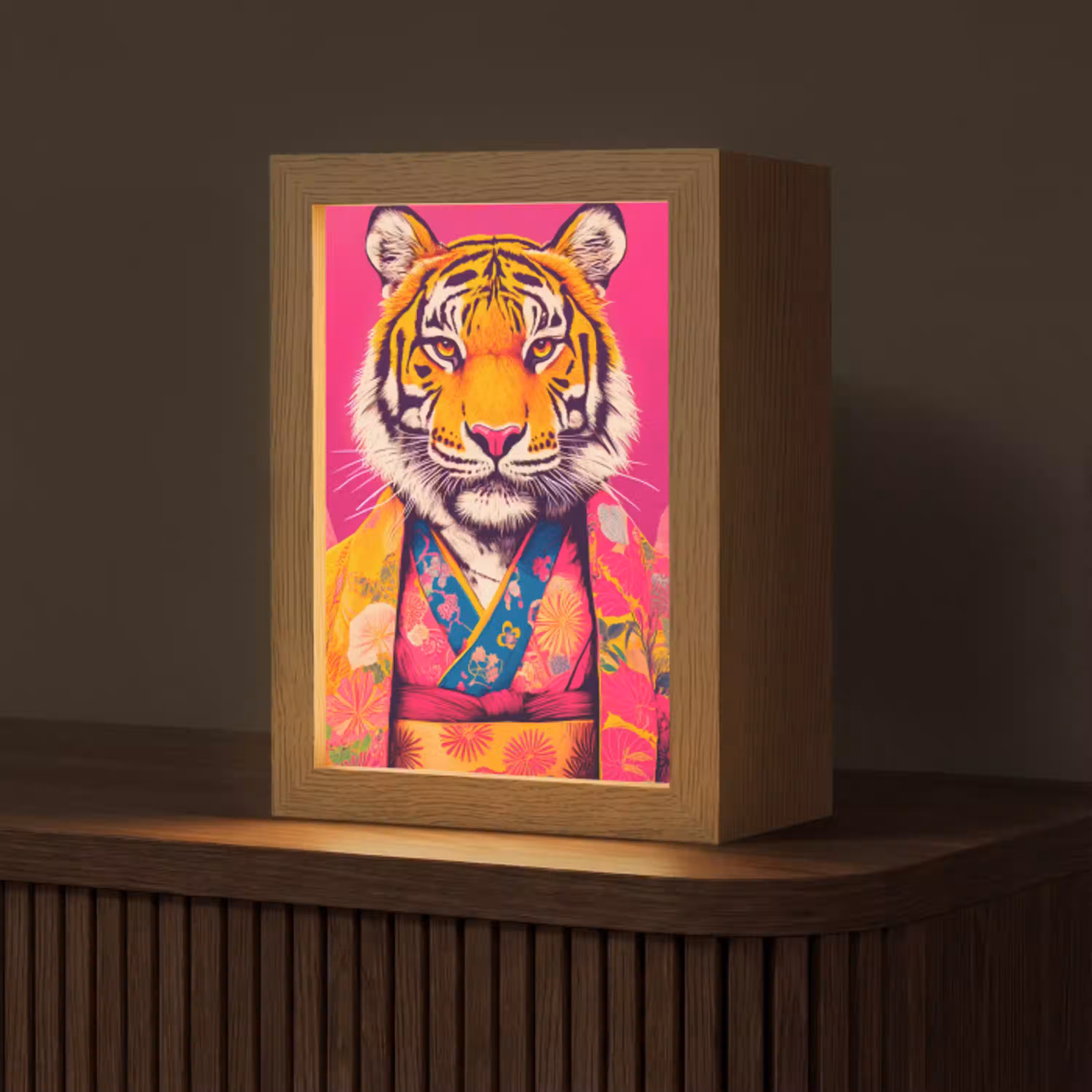 Tijger - Kimono - Planten - Roze Light Box met kabel (Tafellamp) klein -z3d_website