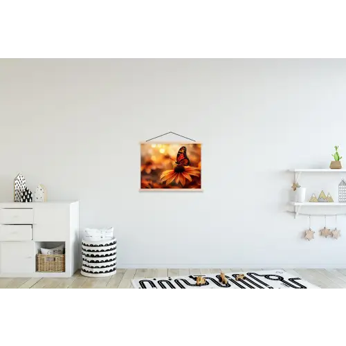Vlinder - Bloemen - Oranje textielposter latten blank klein -kinderkamer