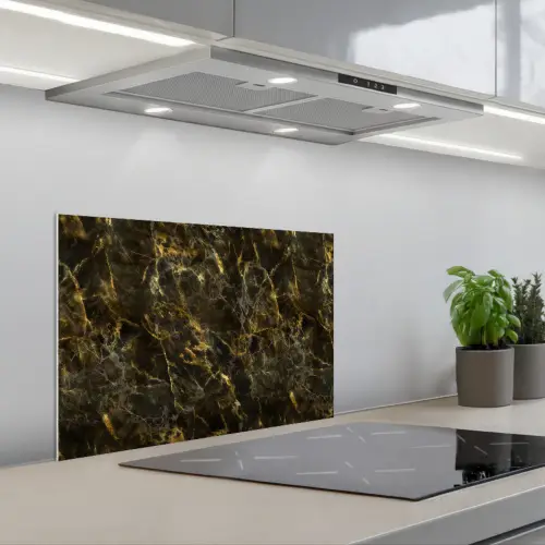 Zwart - Marmer - Goud keuken achterwand spatscherm klein 900 -3d_schuin