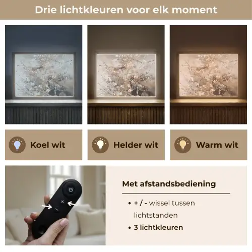 Amandelbloesem - Kunst - Van Gogh - Beige - Abstract Light Box met batterij (Wandlamp) middel -USP_lichtkleurNL