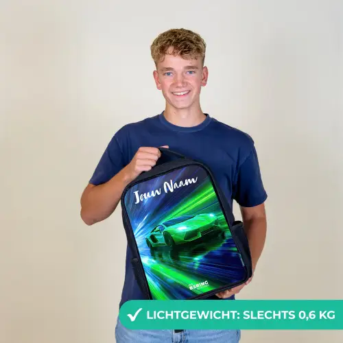 Sportauto - Groen - Snelheidslijnen - Neon Rugzak - Zwart middel -sfeer7_NL