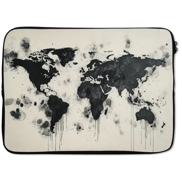 Wereldkaart - Zwart - Inkt laptophoes neopreen klein -zkaufland3dotto