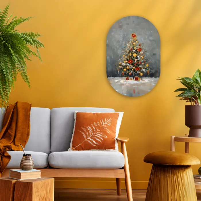 Kerstboom - Cadeaus - Rood - Goud Wandcirkel Ovaal Forex klein -sfeer4