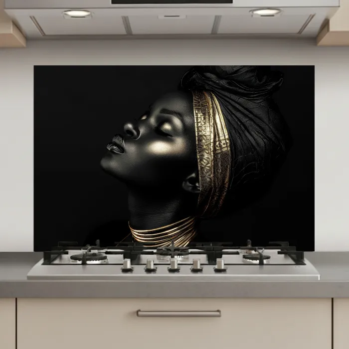 Vrouw - Zwart - Goud - Sieraden keuken achterwand spatscherm klein -3d_website