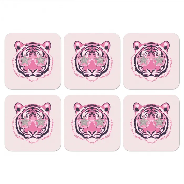 Tijger - Glitterzonnebril - Roze onderzetter kurk middel -3d
