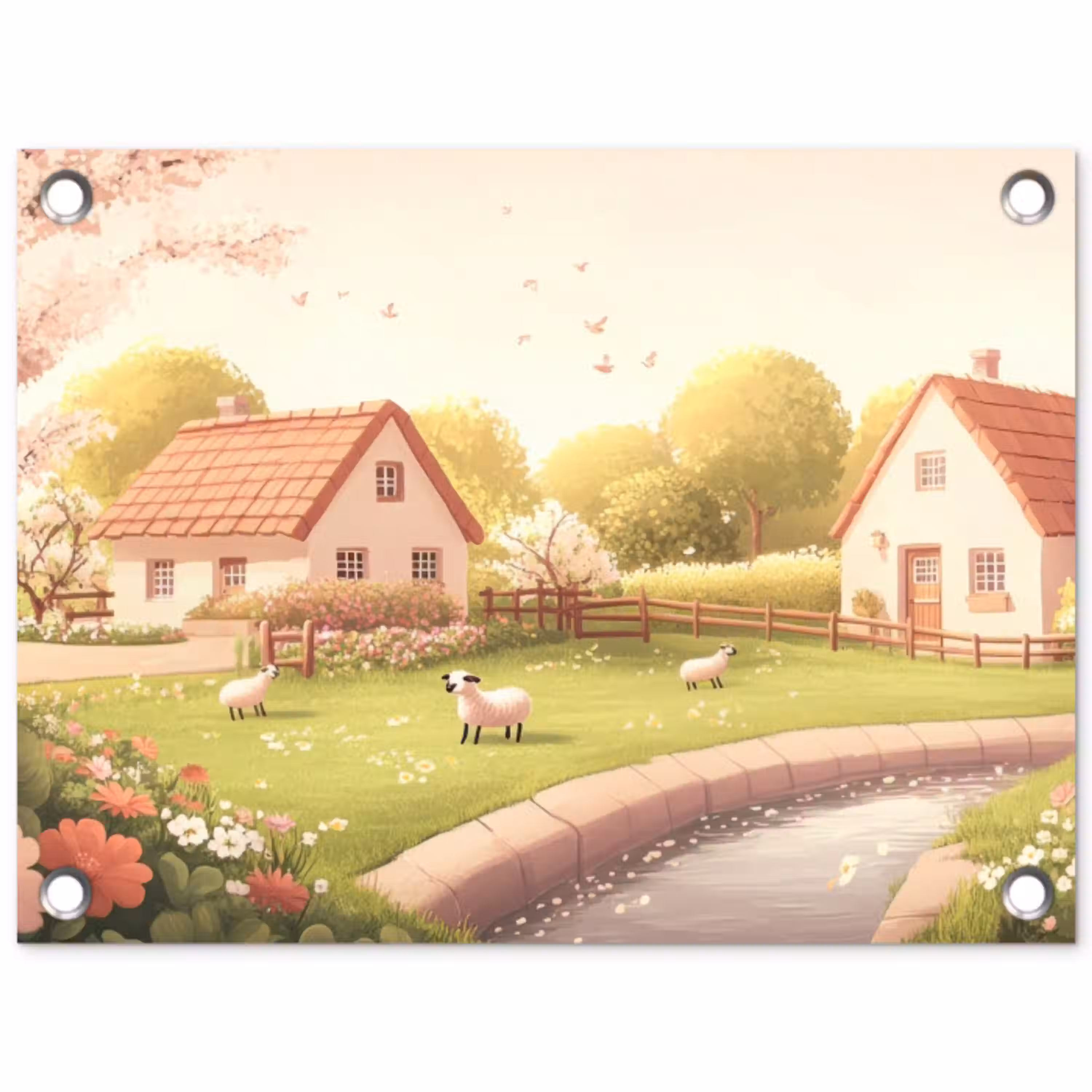 Schapen - Huisje - Platteland tuinposter los doek klein -3d
