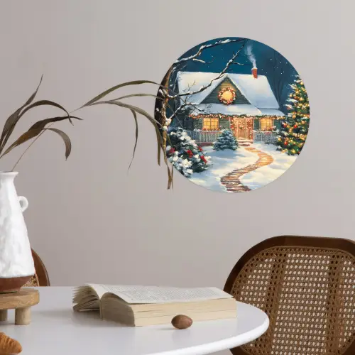 Kerst - Kerstboom - Winter - Huis - Sneeuw Wandcirkel behangsticker klein -sfeer3