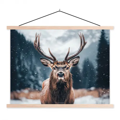 Hert - Winter - Hertenkop - Sneeuw - Gewei textielposter latten blank klein -3d