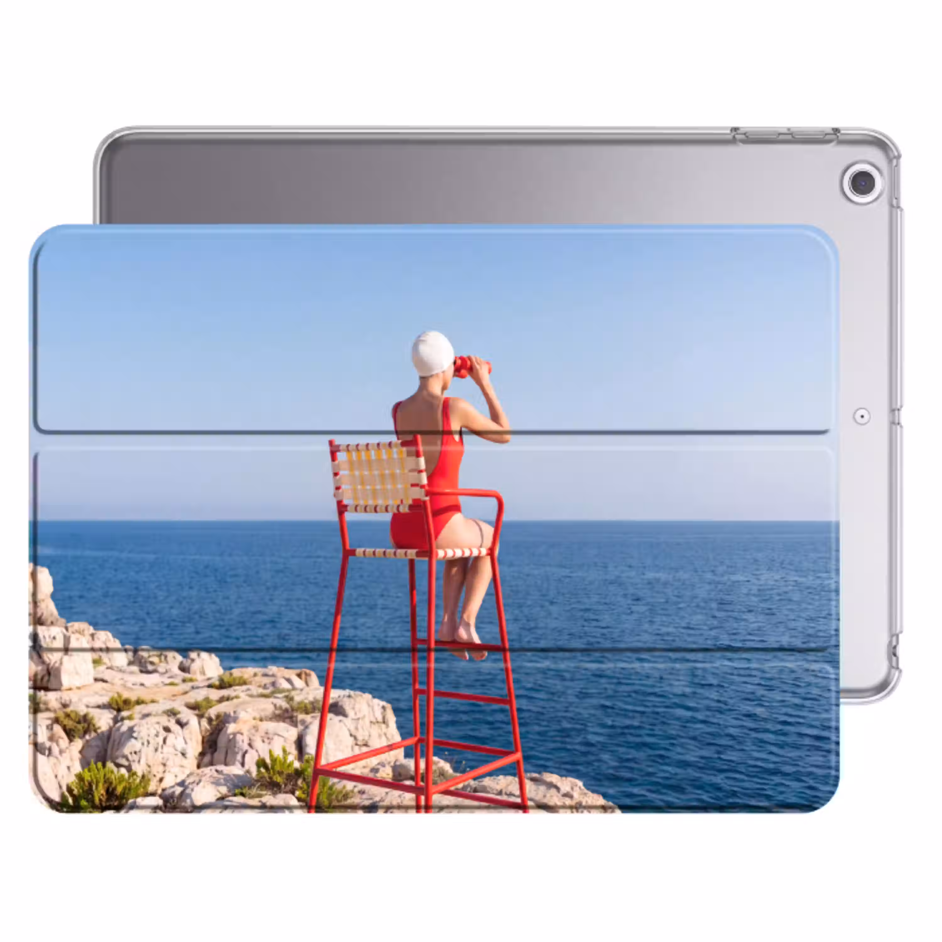 Vrouw - Zee - Kust - Verrekijker - Rood Apple iPad 2017 middel -threedimensional_3d_global
