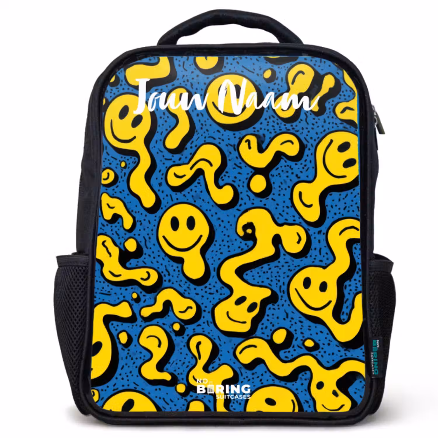 Kinderrugzak met naam - Zwart - Smiley - Geel - Blauw