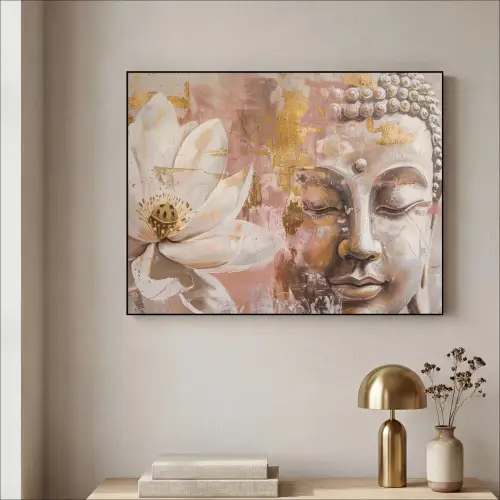 Buddha - Bloem - Goud - Roze - Abstract Textielframe - compleet frame klein -sfeer2