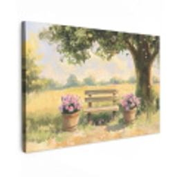 Houten bankje - Bloempotten - Landschap Tuinposter op houten frame 2 cm dik klein -3d