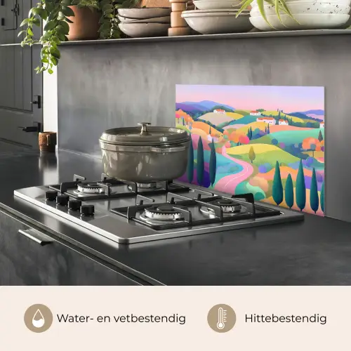 Landschap - Paars - Pastel - Huizen keuken achterwand spatscherm klein -usp_NL