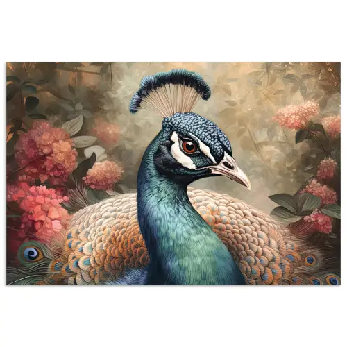 Pauw - Vogel - Bloemen - Planten - Pauwenveren poster papier klein -3d