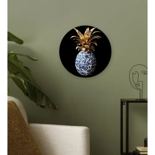 Ananas - Bloemen patroon - Goud - Delftsblauw Wandcirkel kunststof plaat 5mm dik klein -sfeer3