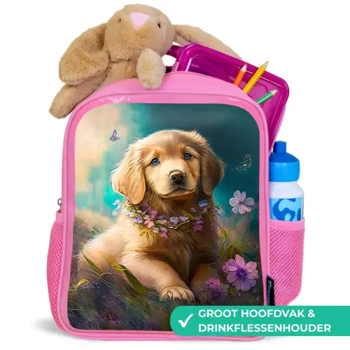 Puppy - Bloemenkrans - Vlinder - Hond - Golden retriever Kinderrugzak - Roze middel -inhoud_NL