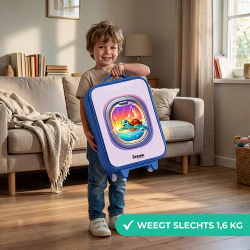 Schildpad die zwemt met zonsondergang Kinderkoffer - Blauw klein -sfeer2_NL