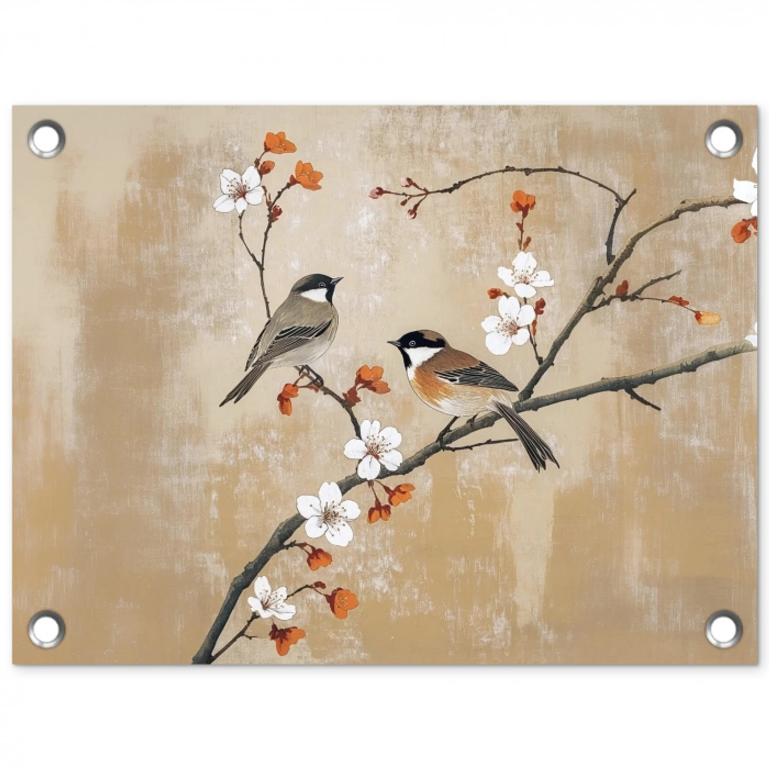 Vogels - Bloesemtak - Bloemen - Oranje tuinposter los doek klein -3d