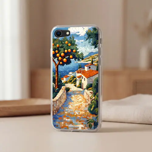 Huizen - Mozaïek - Sinaasappelbomen - Zee Telefoonhoesje iPhone 7 klein -sfeer2
