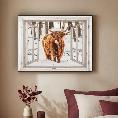 Schotse Hooglander - Sneeuw - Winter - Natuur - Dier - Doorkijk - Landelijk Textielframe zwart klein -sfeer1