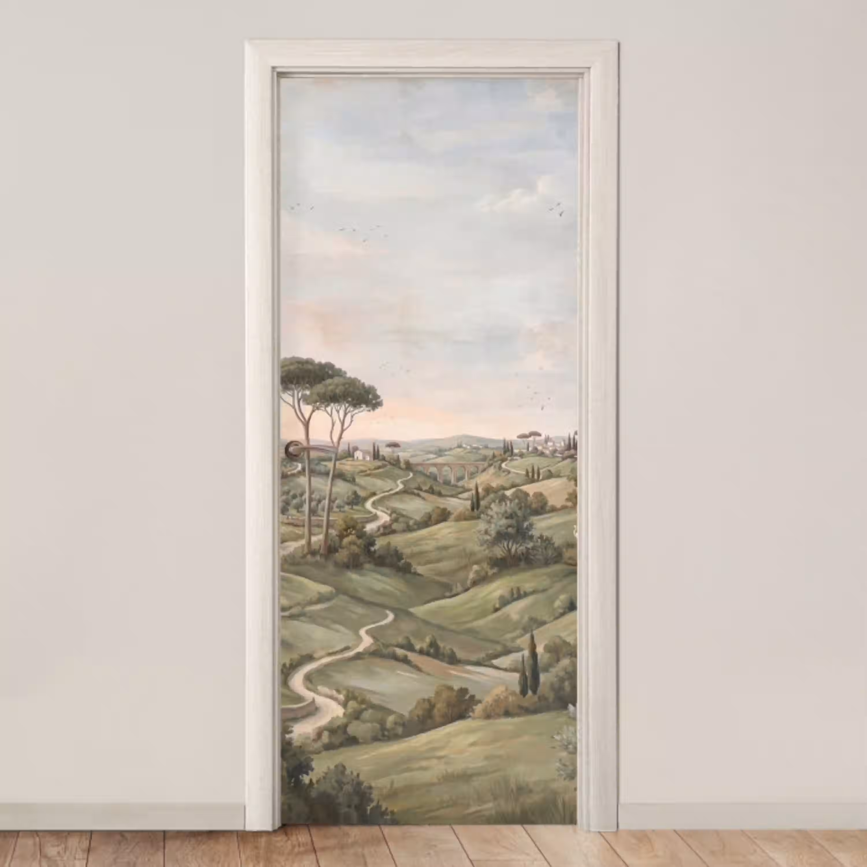 Landschap - Heuvels - Zandpad - Groen deurposter klein -3d_beige