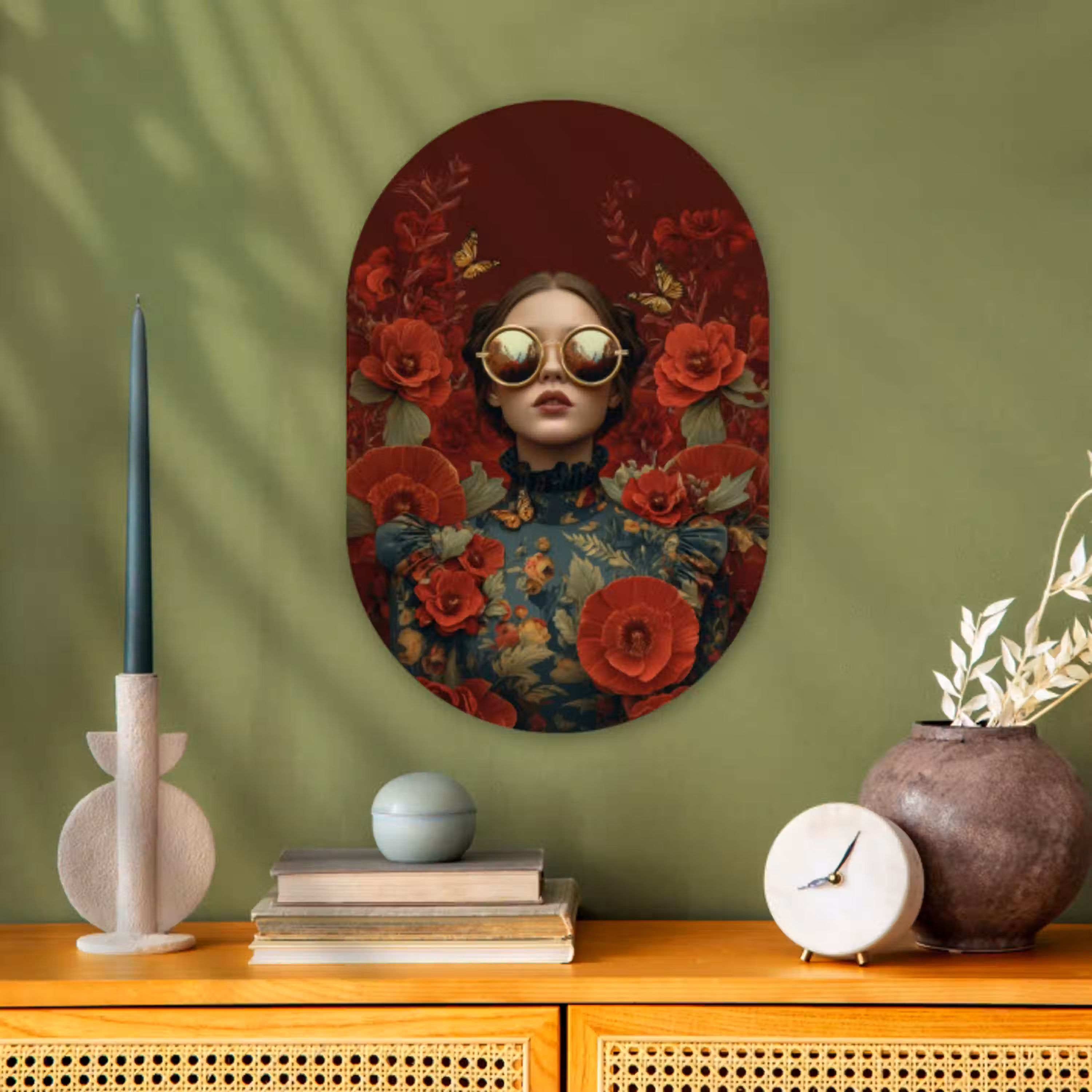 Bloemen - Dieprood - Zonnebril - Vrouw Wandcirkel Ovaal Forex klein -sfeer2