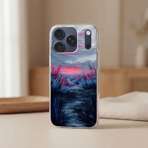 Schilderij - Zonsondergang - Bloemen - Rivier Telefoonhoesje iPhone 17 Pro klein -sfeer2