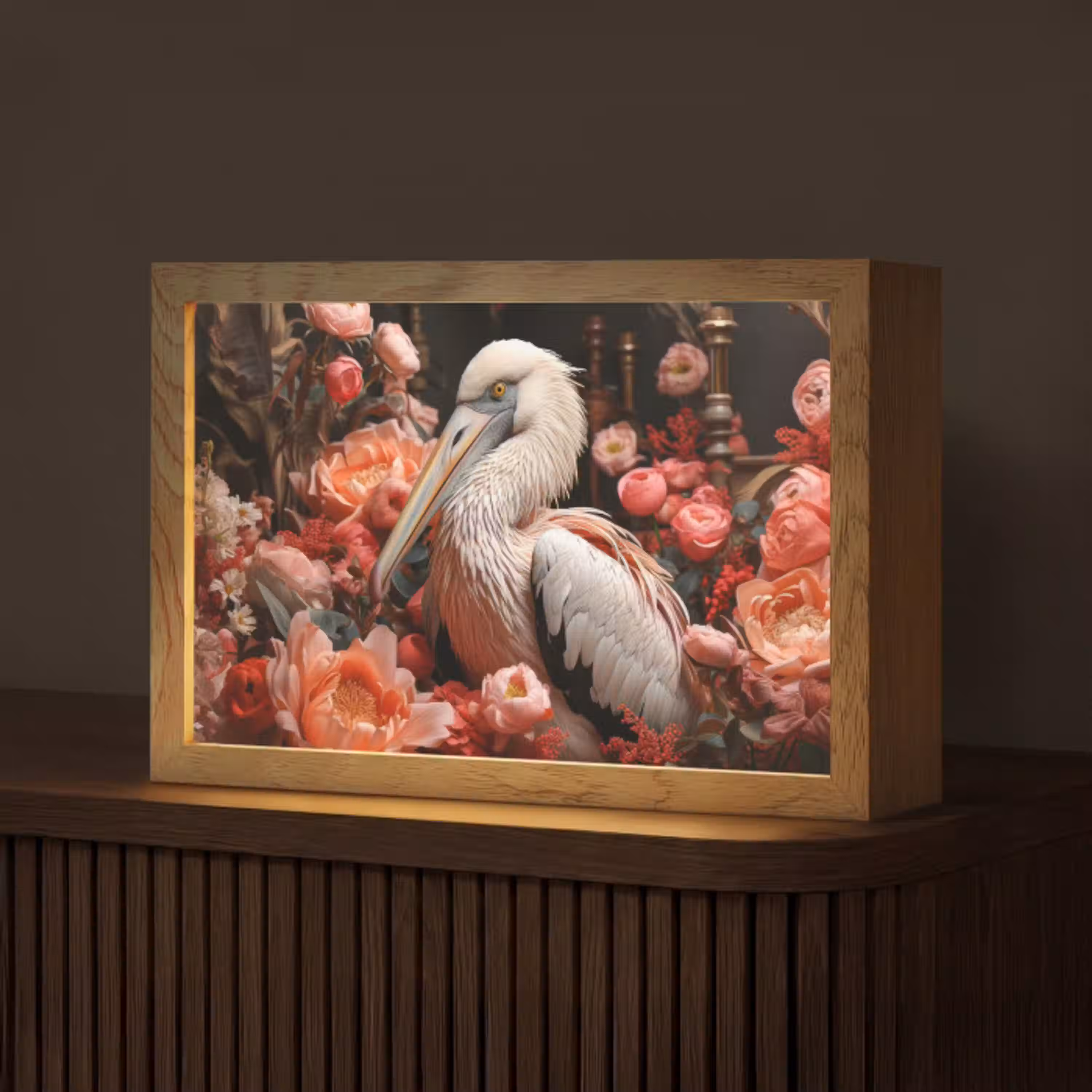 Pelikaan - Dier - Bloemen - Natuur - Botanisch - Roze Light Box met kabel (Tafellamp) klein -z3d_website