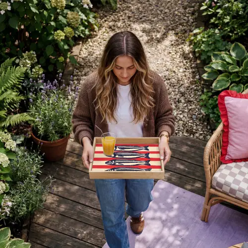 Sardines - Rood en beige strepen Dienblad Rechthoek middel -sfeer5