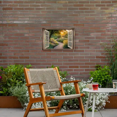 Doorkijk - Bloemen - Natuur - Zon - Pad Tuinposter op houten frame 2 cm dik klein -sfeer3