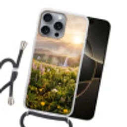 Vlinders - Waterval - Bloemenveld Hoesje iPhone 16 Pro Max met koord klein -sfeer1