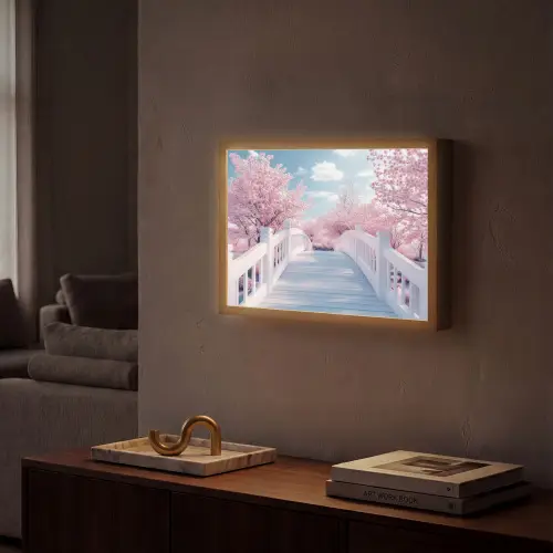 Brug - Kersenbomen - Wit Light Box met batterij (Wandlamp) middel -sfeer1
