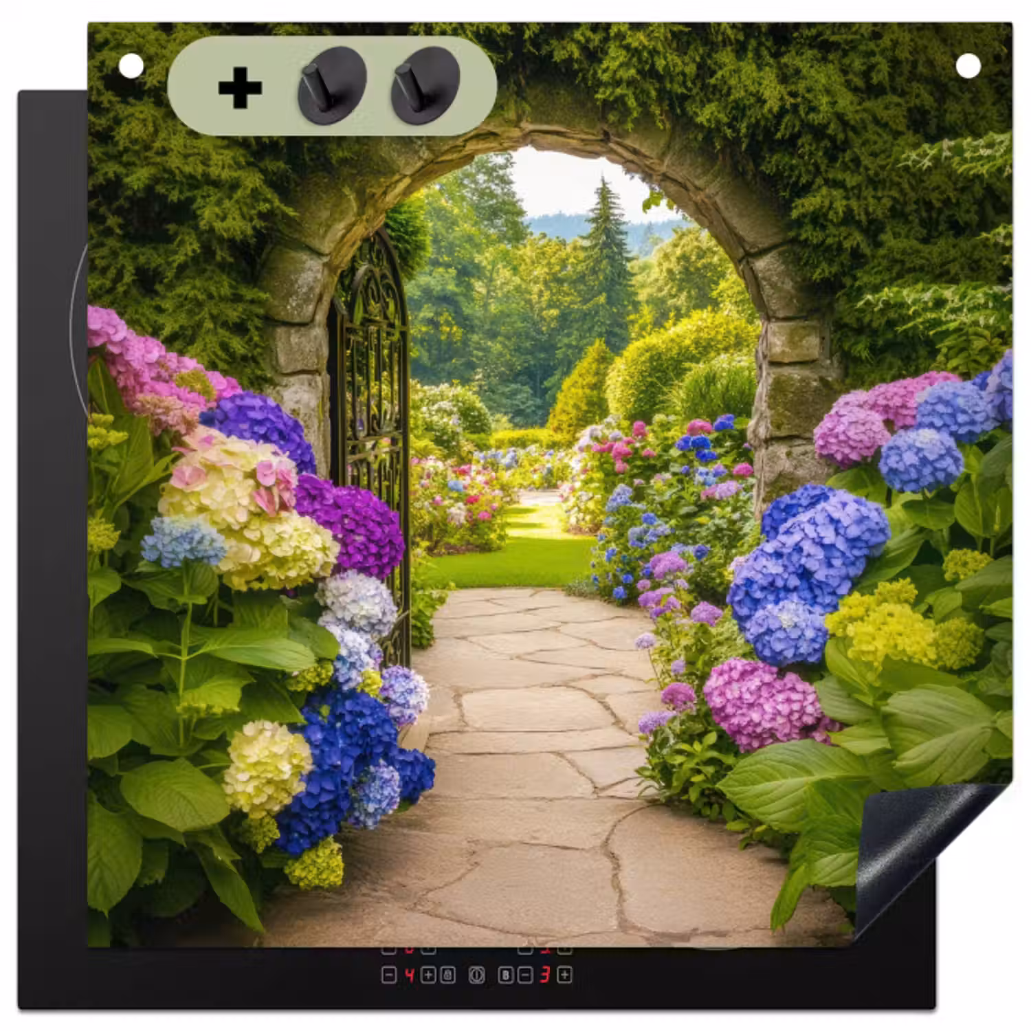 Inductie beschermer en spatscherm (2in1) - Doorkijk - Poort - Hortensia - Bloementuin
