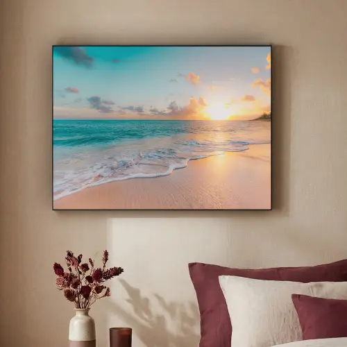 Zonsondergang - Strand - Zee - Zomer - Blauw Textielframe zwart klein -sfeer1