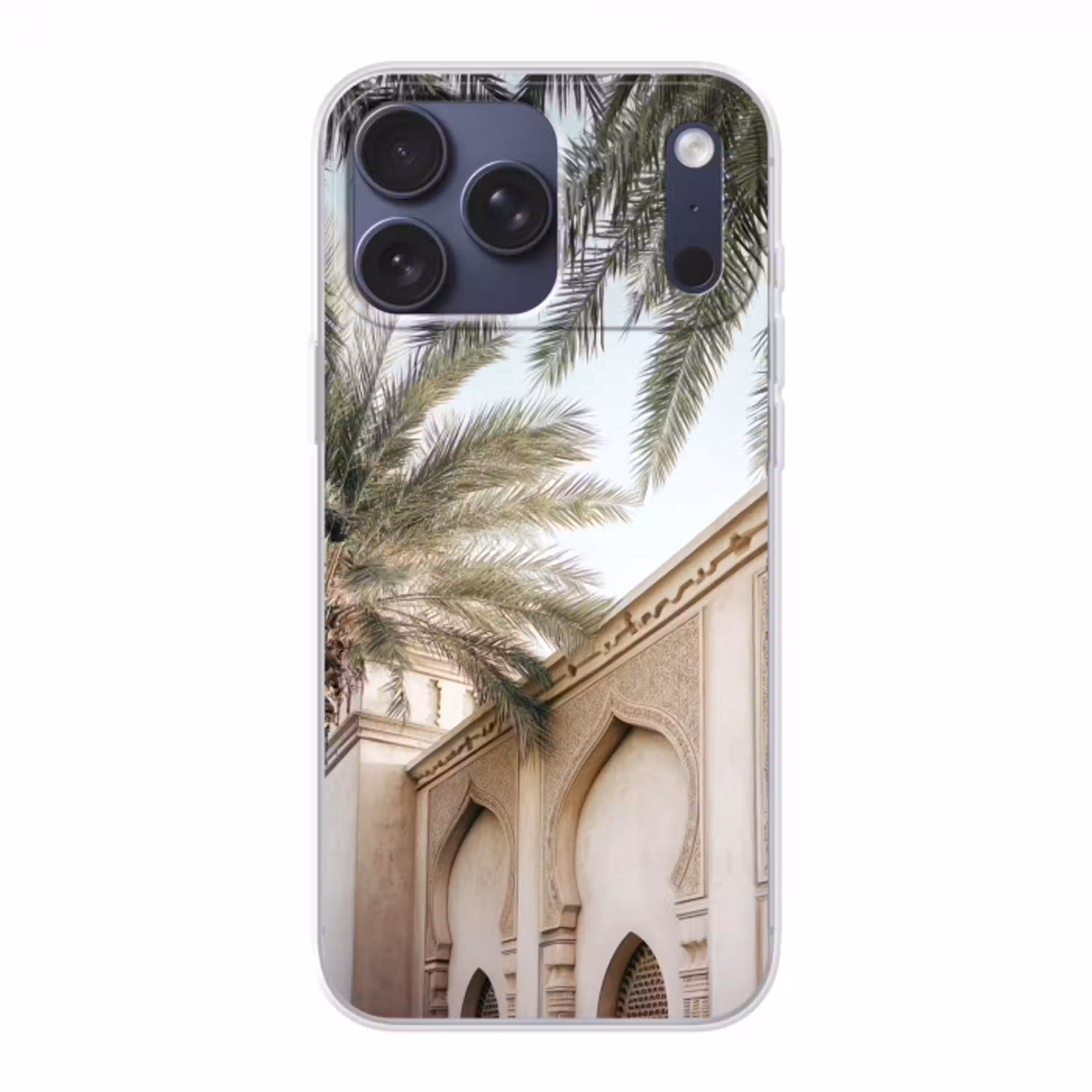 Gebouw - Palmbomen - Beige - Zon Telefoonhoesje iPhone 17 Pro Max klein -3d
