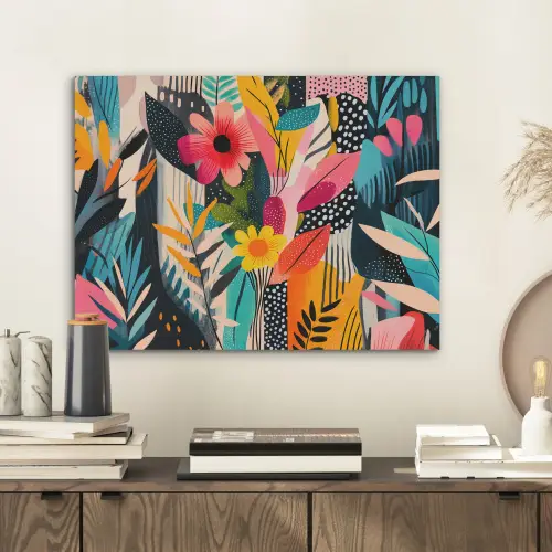 Schilderij - Abstract - Bloemen - Roze PET vilt klein -sfeer1