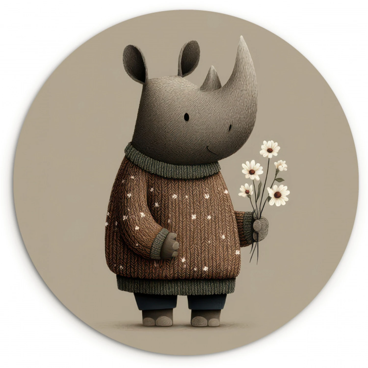 Neushoorn - Witte bloemen - Lief Wandcirkel kunststof plaat 5mm dik klein -3d