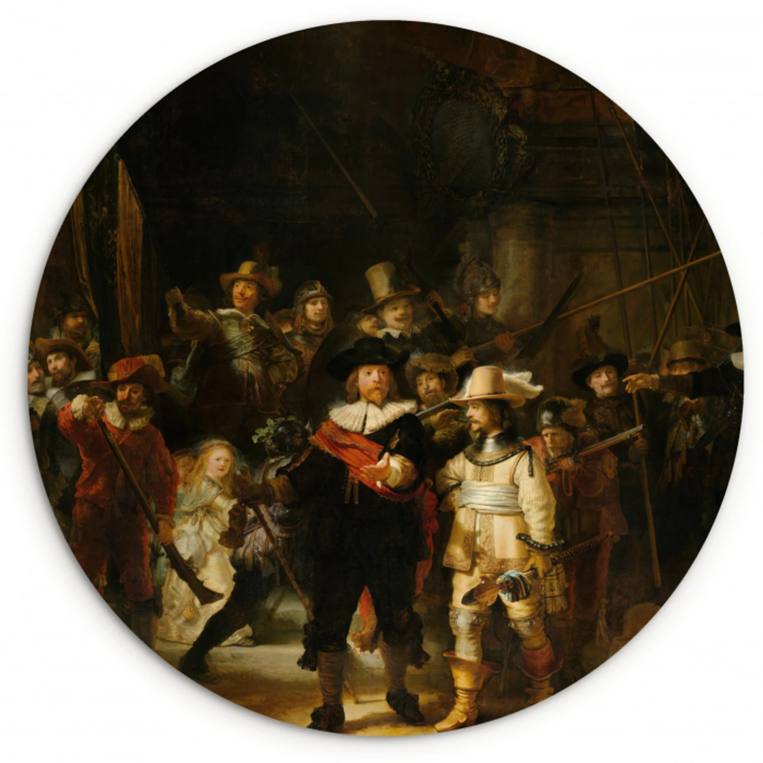 De Nachtwacht - Schilderij van Rembrandt van Rijn Wandcirkel kunststof plaat 5mm dik klein -3d