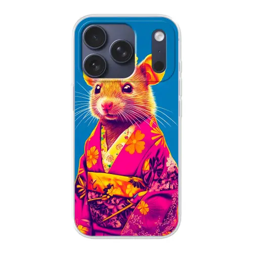 Muis - Kimono - Bloemen - Blauw Telefoonhoesje iPhone 17 Pro klein -3d