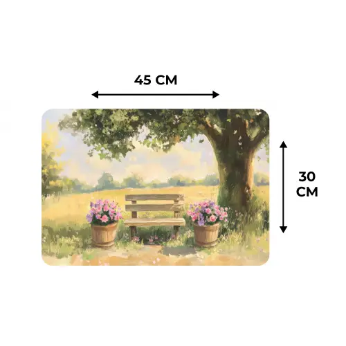 Houten bankje - Bloempotten - Landschap Placemat vinyl groot -specs