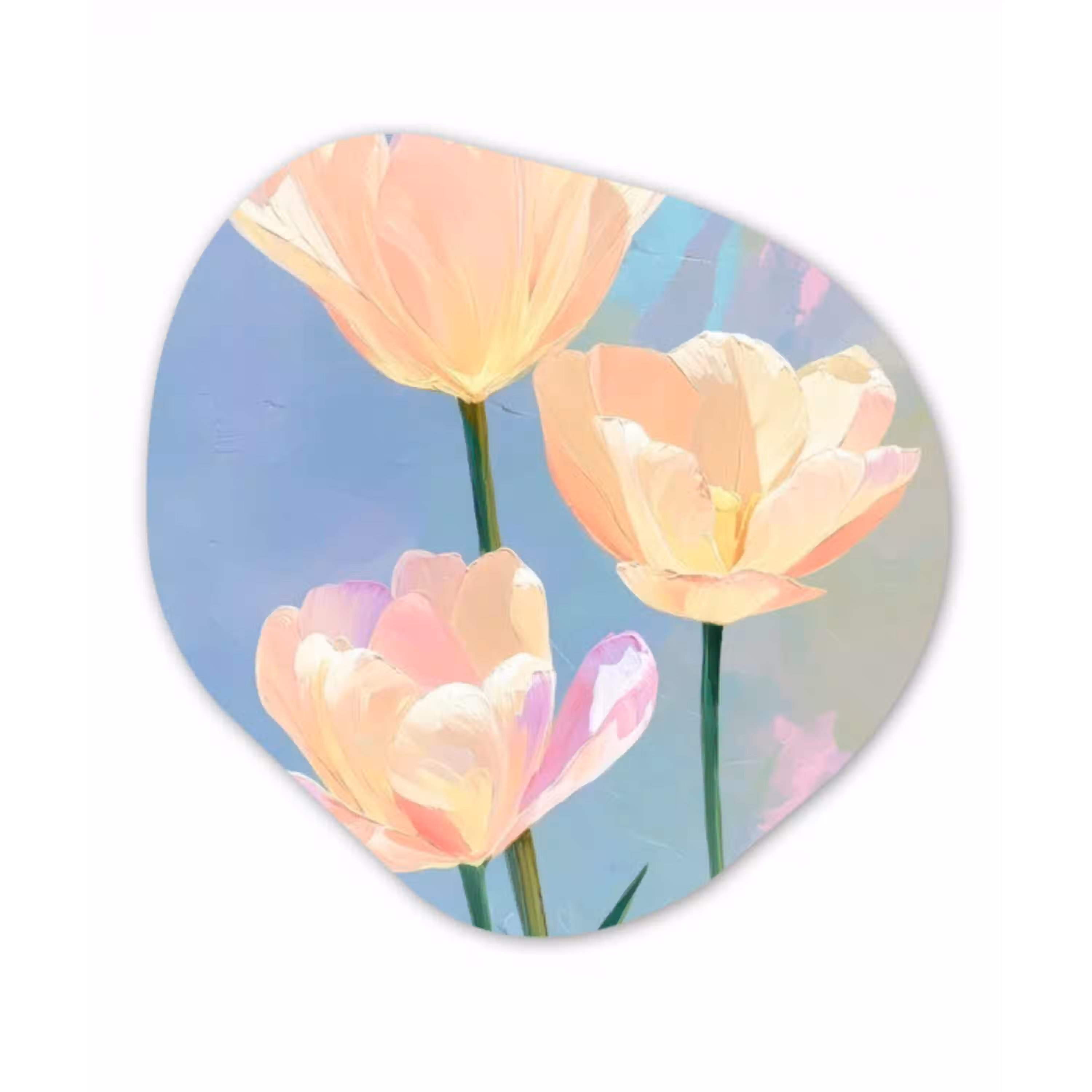 Tulpen - Roze accenten - Blauw Wandcirkel Organisch Aluminium middel -3d