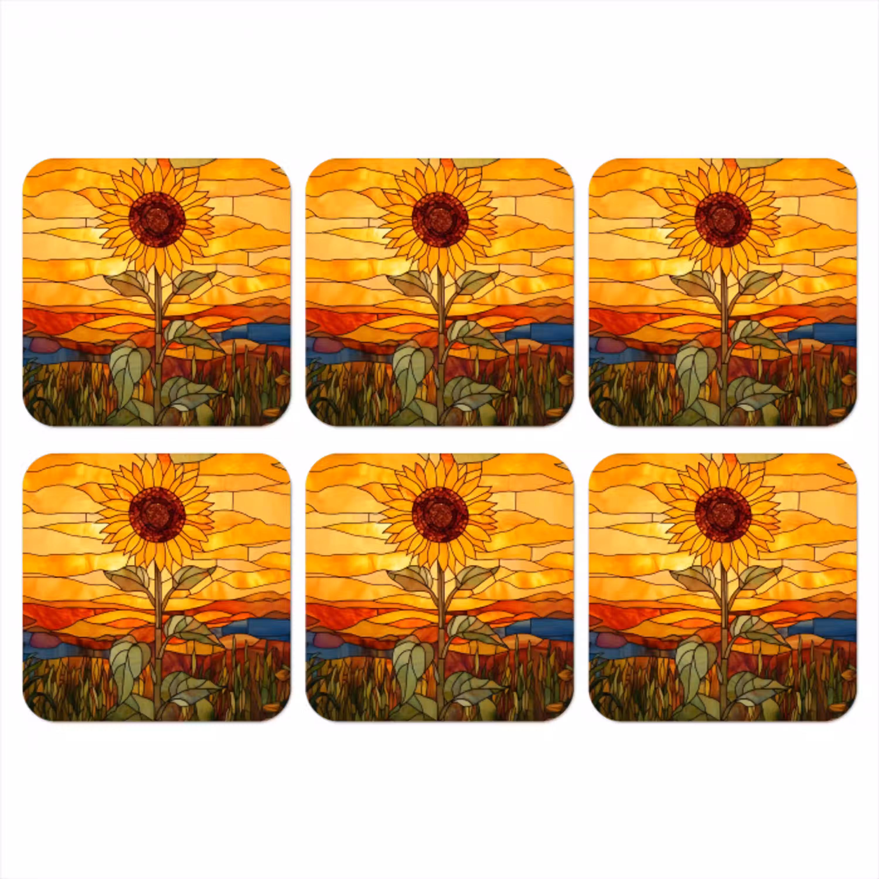 Zonnebloem - Mozaïek - Zonsondergang - Geel onderzetter kurk middel -3d