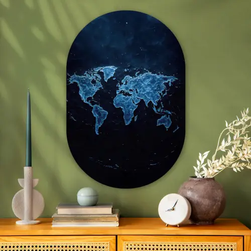 Wereldkaart - Waterstructuur - Blauw Wandcirkel Ovaal Glas middel -sfeer2