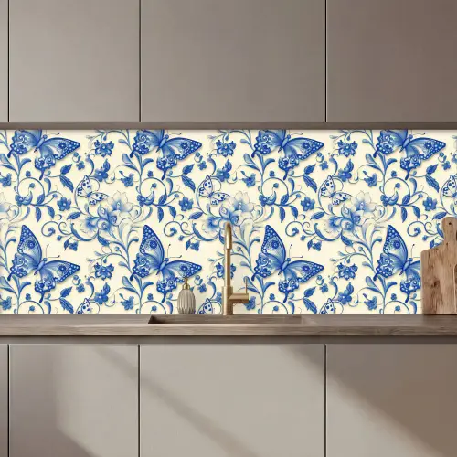 Vlinders - Bloemen - Blauw - Botanisch keuken achterwand 2 middel 871 zz_3dshopping