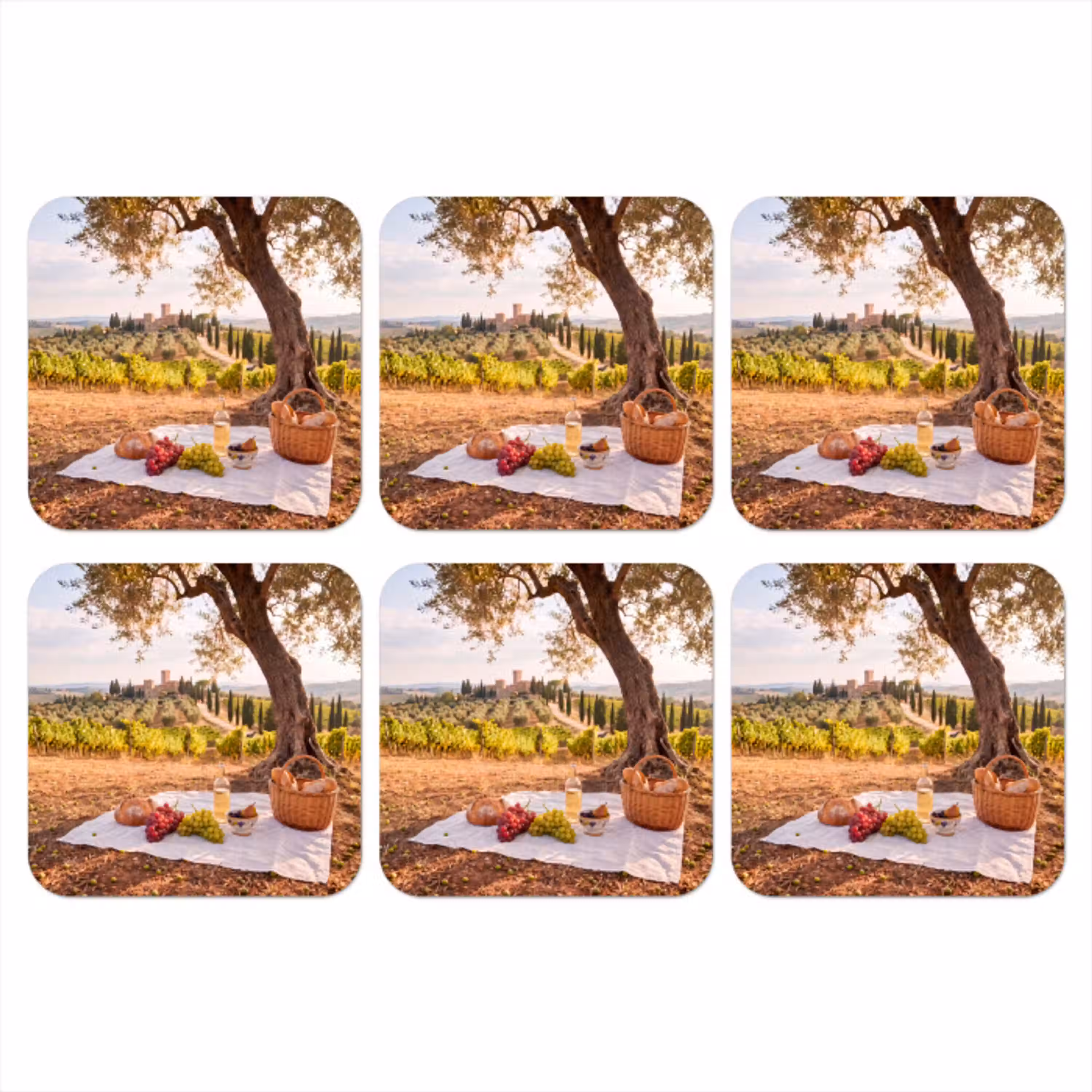 Picknick - Wijngaard - Landschap - Zomer - Eten onderzetter kurk middel -3d