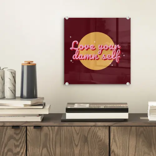 love your damn self - Cirkel - Glitter - Rood plexiglas 5mm klein -sfeer1