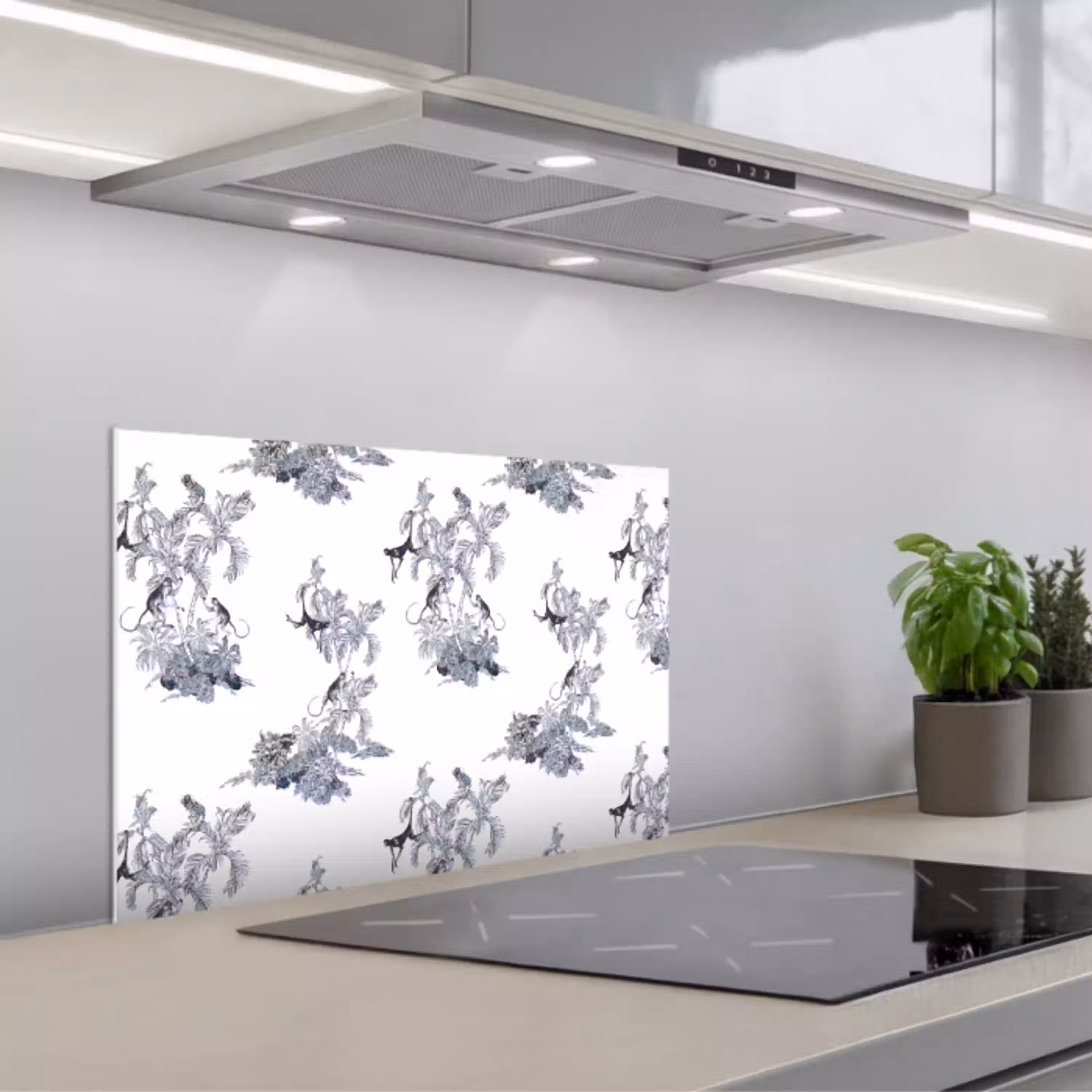 Aap - Palmboom - Blauw keuken achterwand spatscherm klein 900 -3d_schuin
