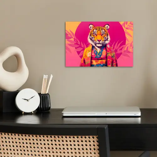 Tijger - Kimono - Planten - Roze poster papier klein -sfeer1
