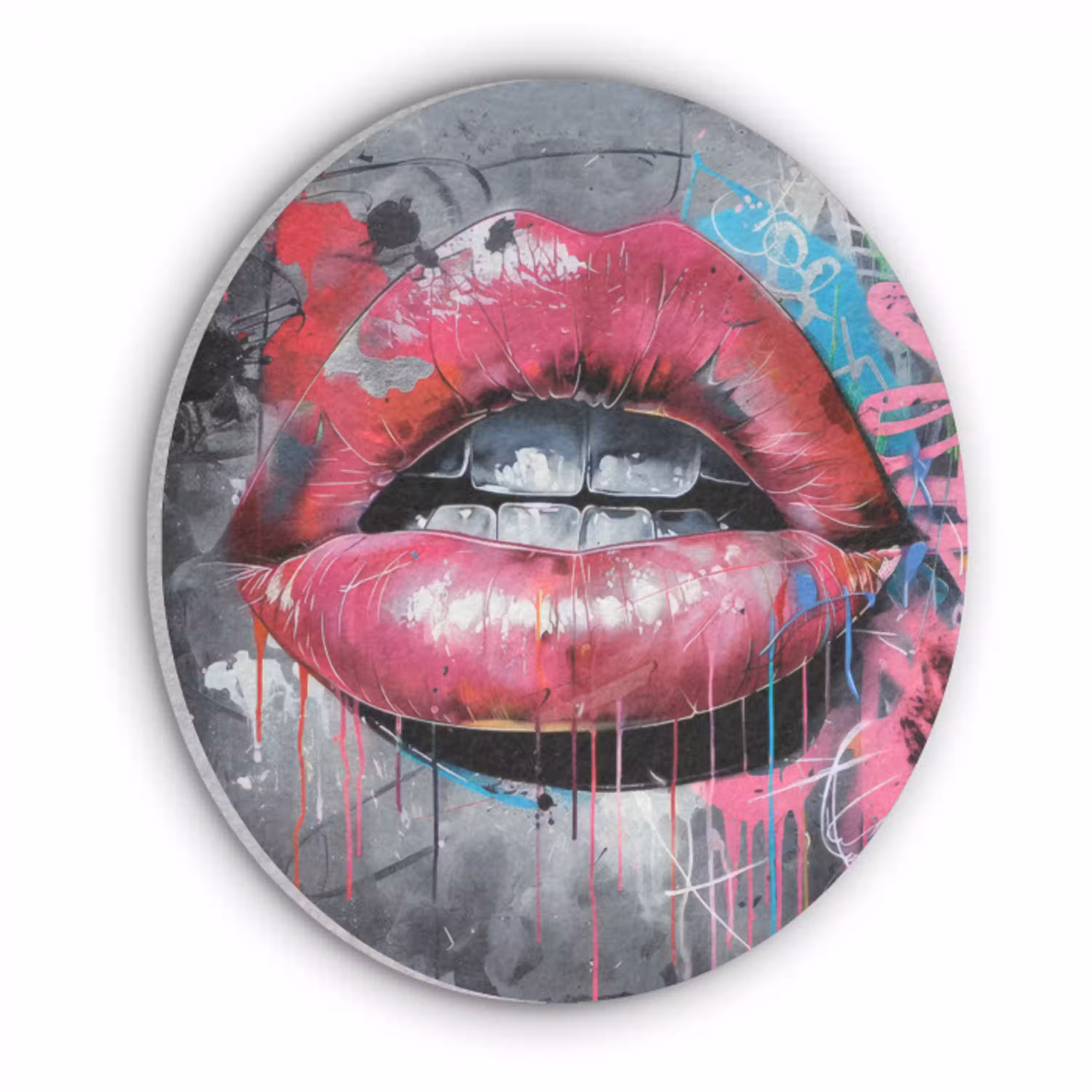 Lippen - Felroze - Graffiti - Verfstrepen Akoestische PET Vilt - Rond klein -3d