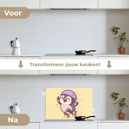 Pinguïn - Rolschaatsen - Geel - Energiek keuken achterwand spatscherm klein -voor_na_NL
